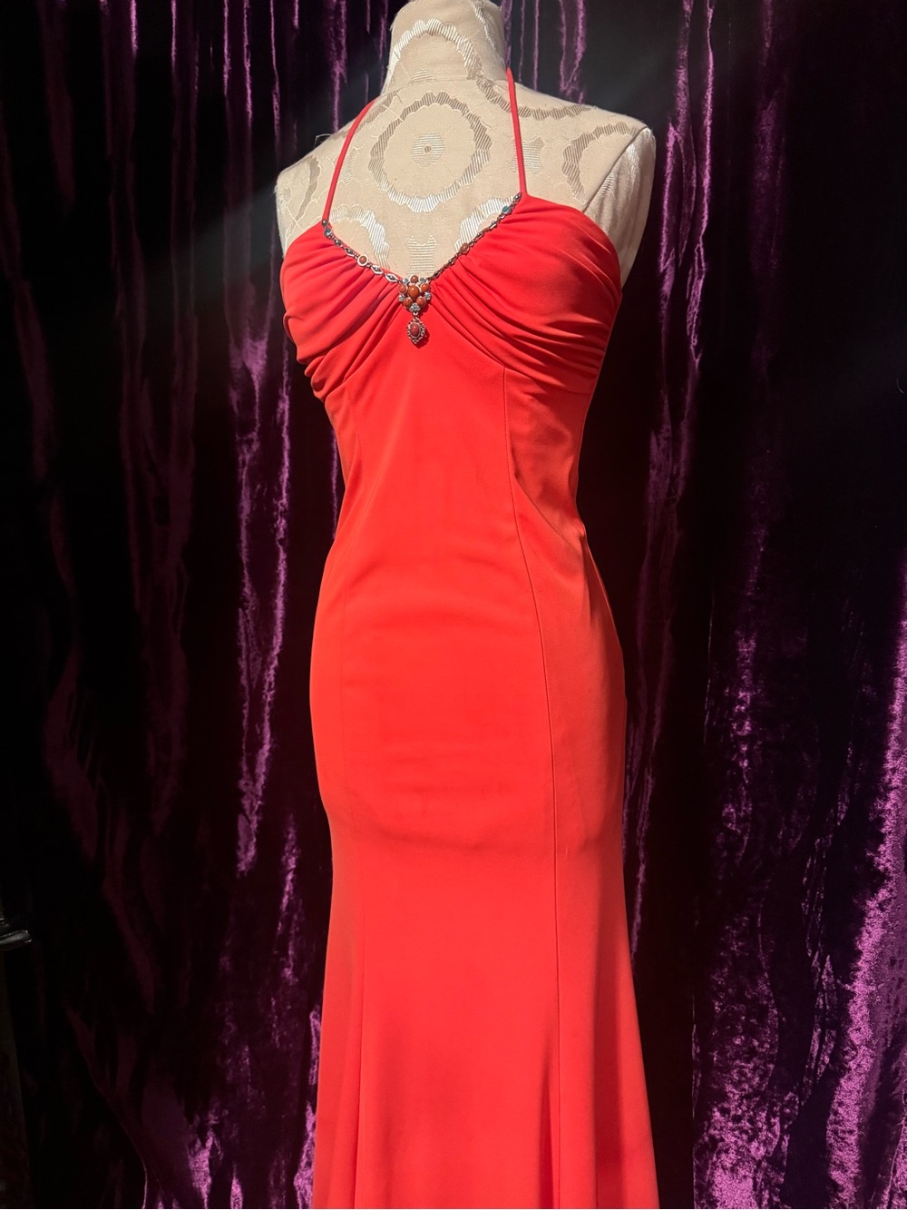 Orange Halter Evening Gown with Jewel Detail - Picture 3 of 9